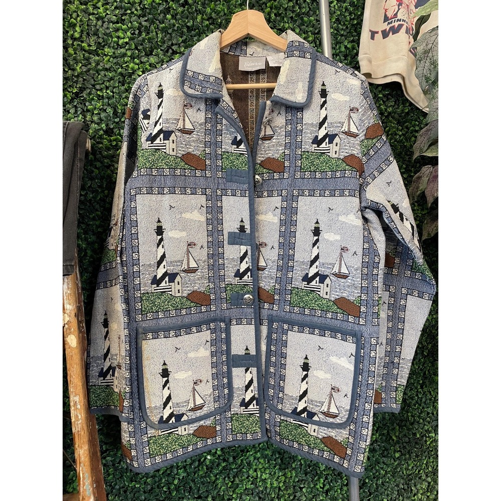 vtg SAILBOAT QUILTED PATCH Jacket Medium // maritime y2k cute anchor collared